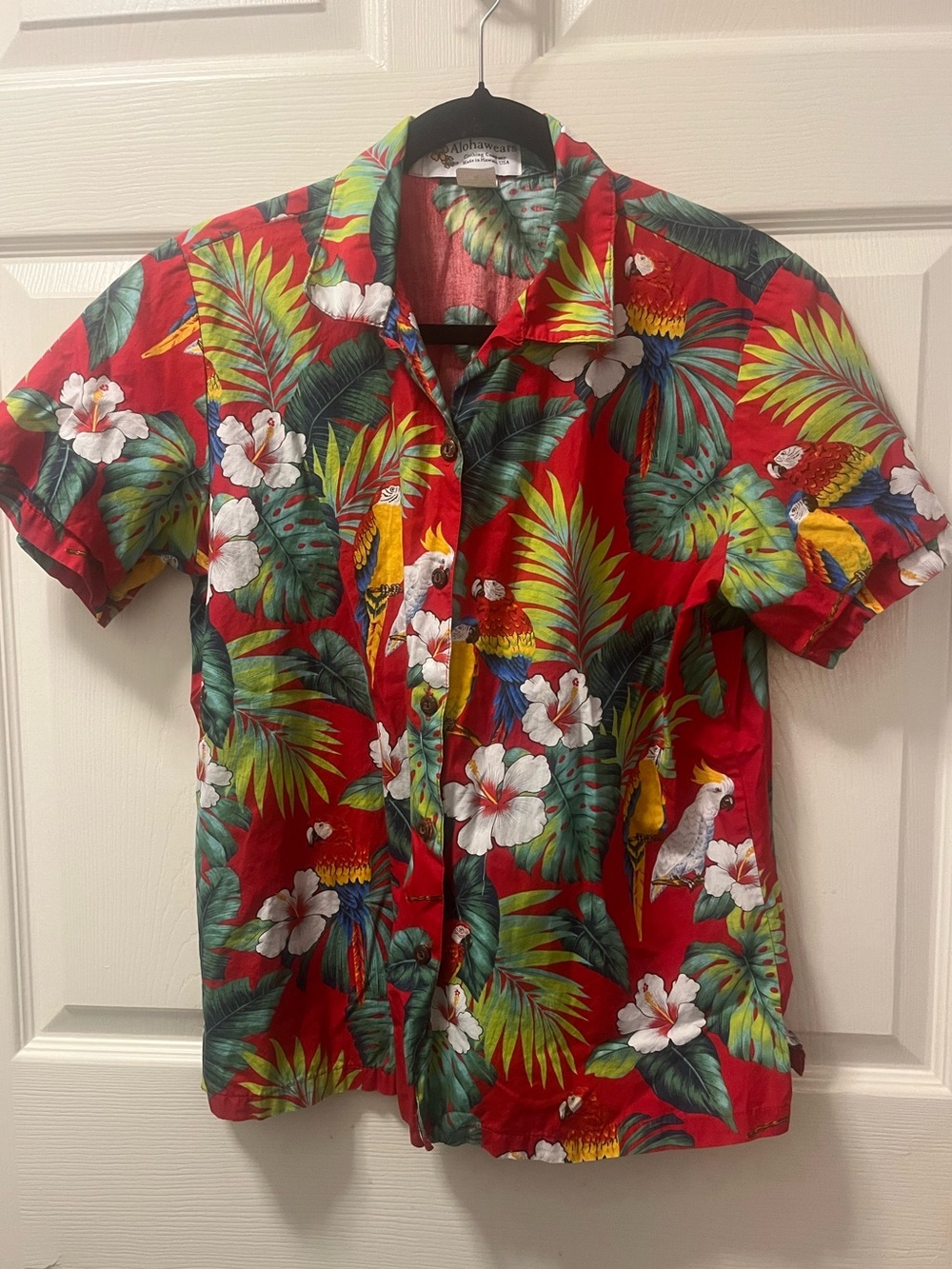 VTG Womens AlohaWears Hawaiian Shirt M Made In Hawaii USA Parrot Tropical Cotton